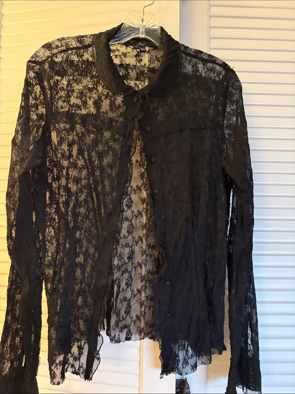 ECI Black Sheer Lace Button-Up Blouse